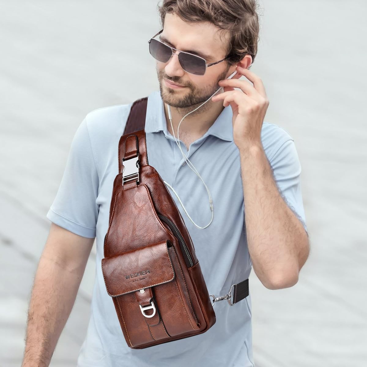 Sling Bag for Men PU Leather Waterproof Crossbody Chest Pack Hiking Cycling