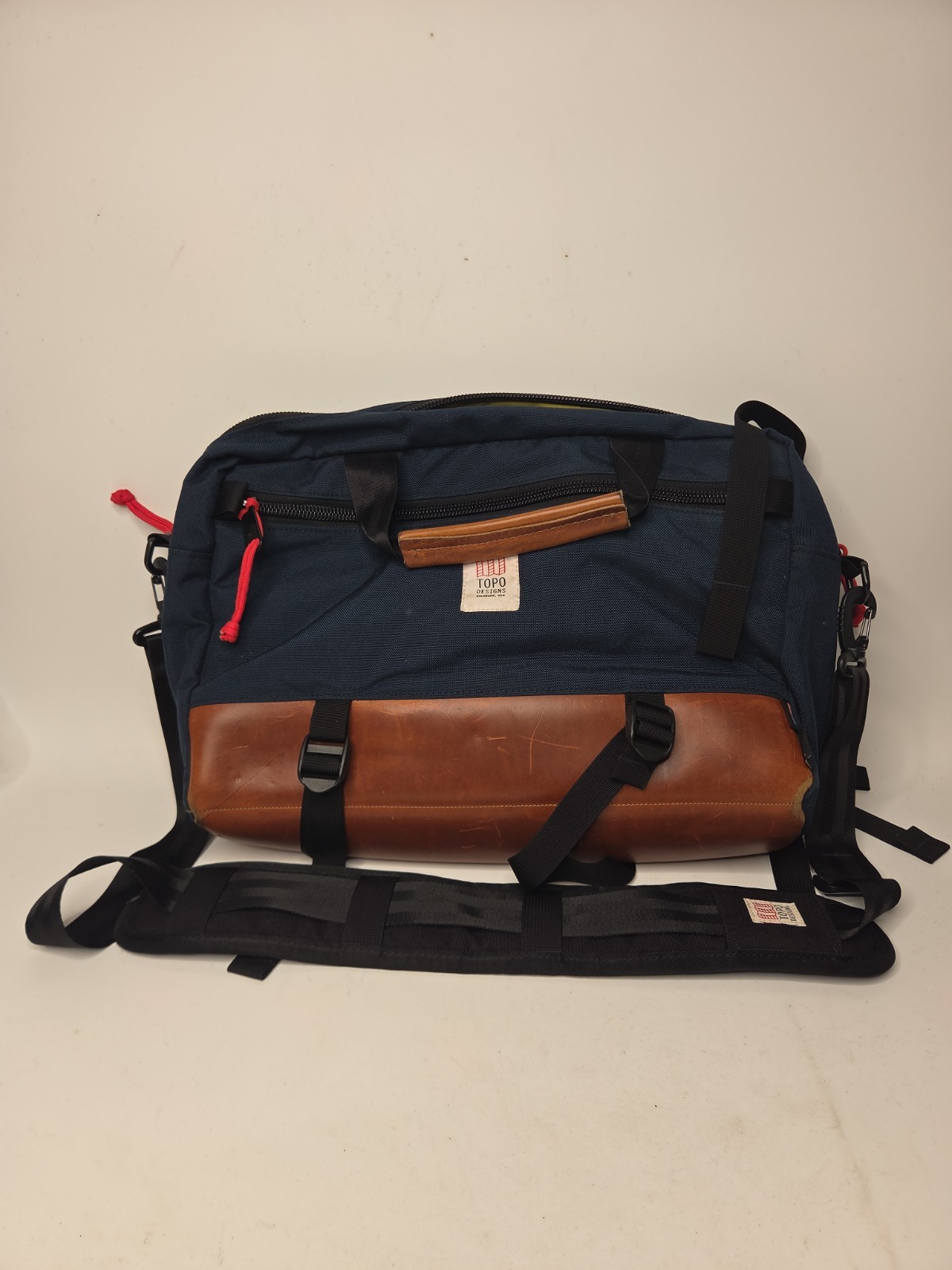 Topo Designs Commuter 3-Way Carry 15L Briefcase Navy Blue Leather Base USA