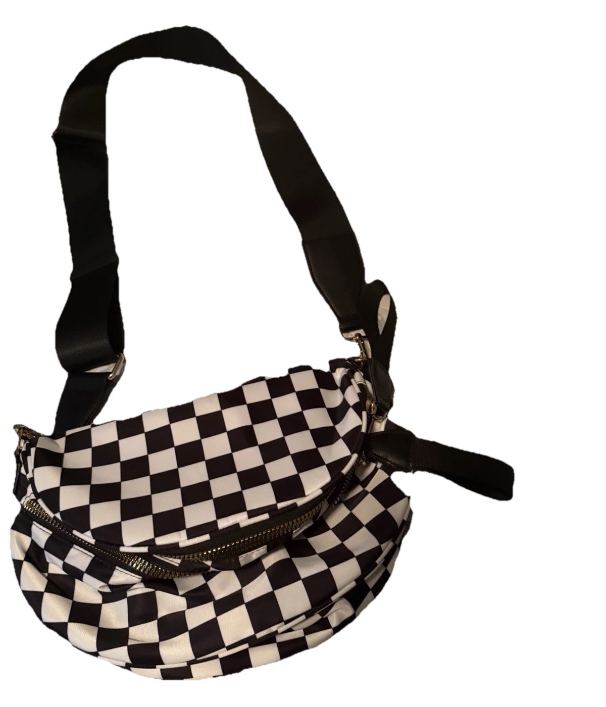 Black White Checkered Crossbody Shoulder Bag Zip Adjustable Strap Biker Theme