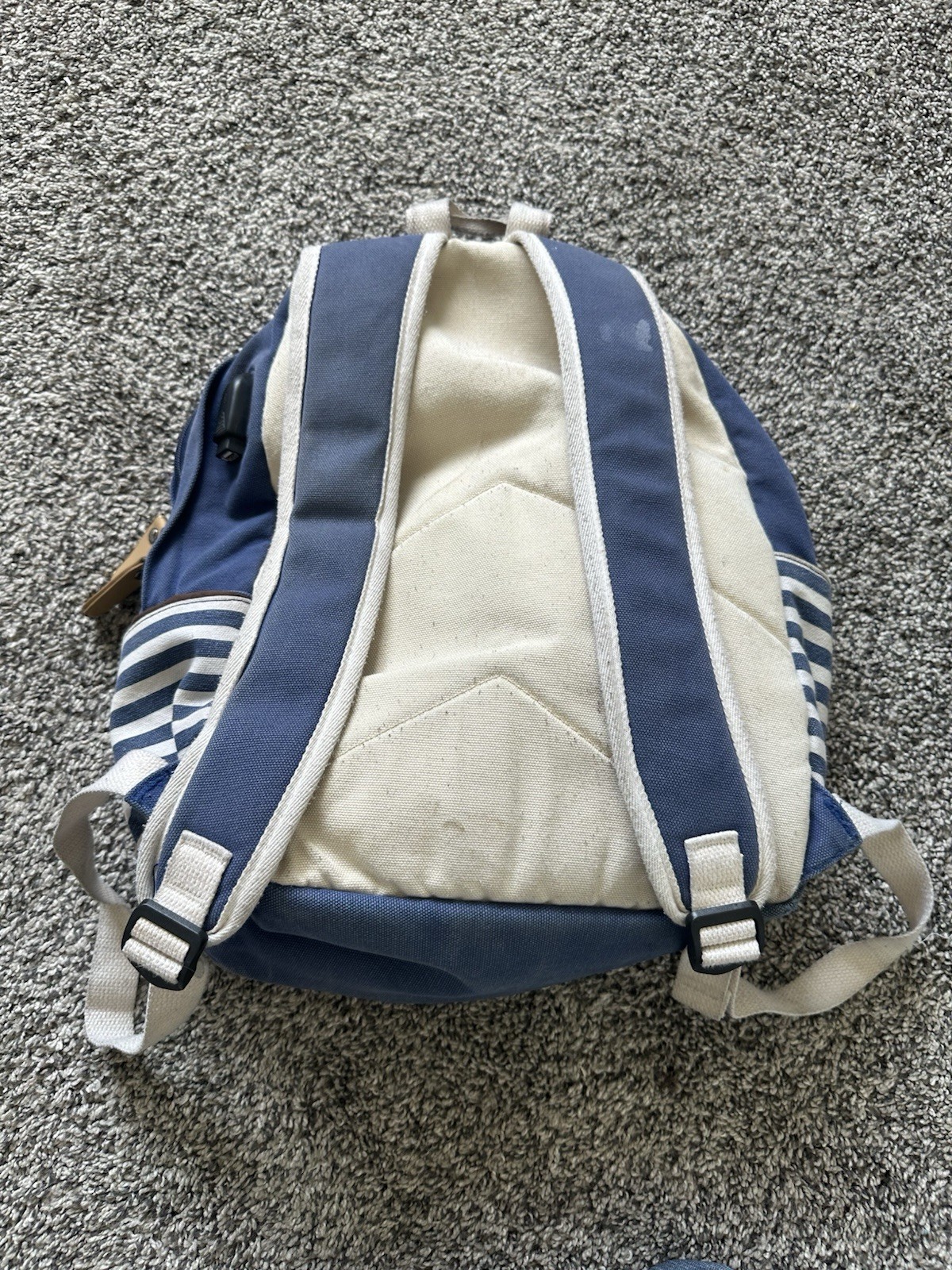 Blue And White Striped Backpack With Charging Port Lots Of Pockets