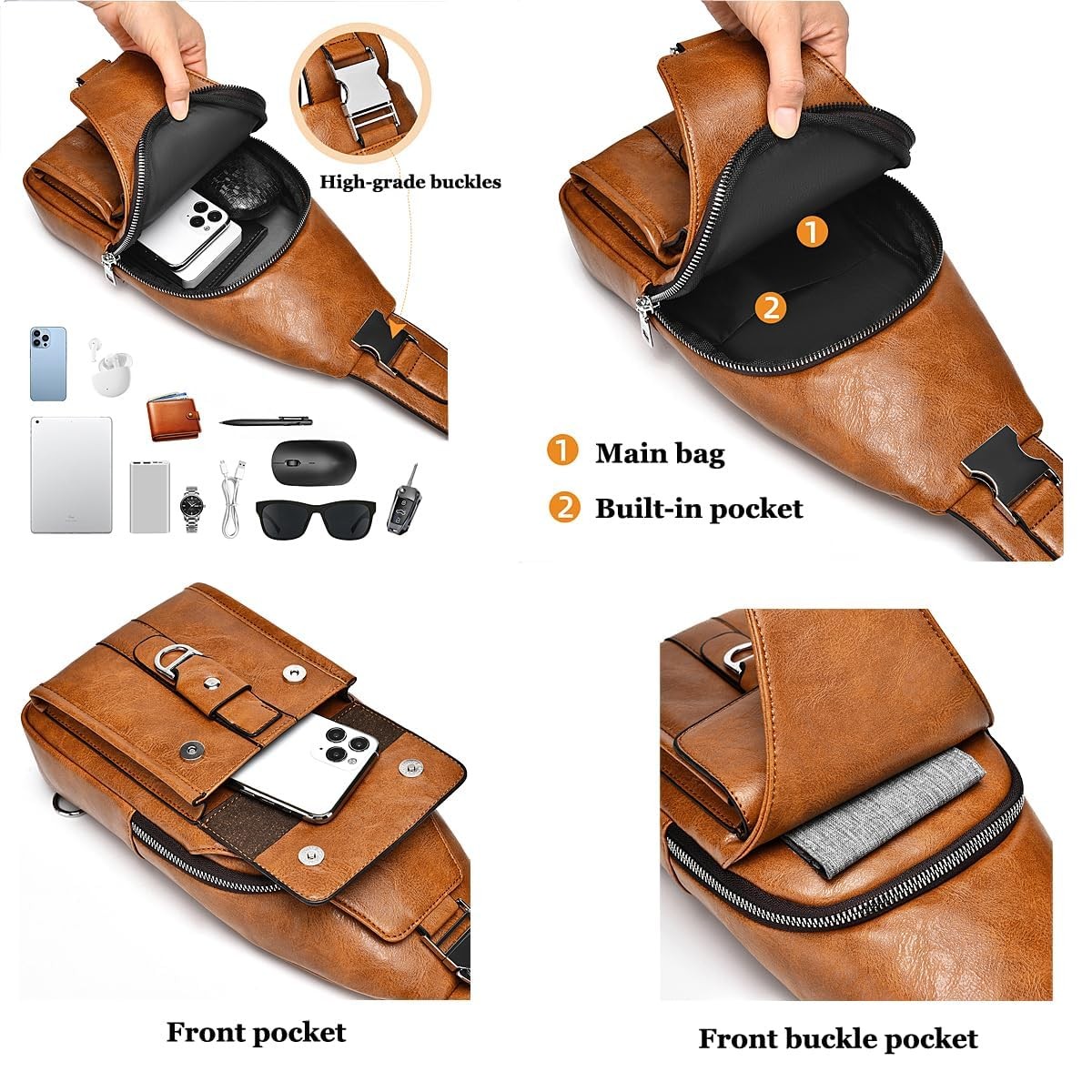 Sling Bag for Men PU Leather Waterproof Crossbody Chest Pack Hiking Cycling