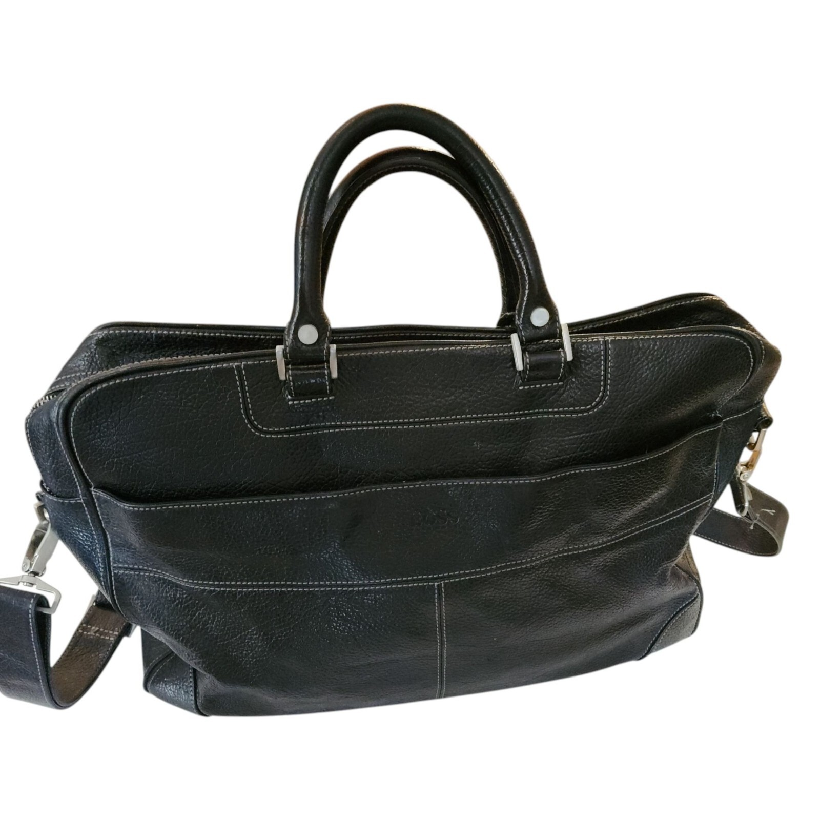 Hugo Boss Black Grained Leather Laptop Bag Adjustable Strap & Dual Handles