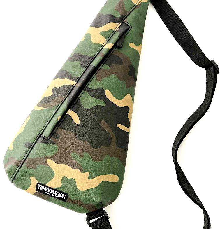 True Religion Sling Bag Green Black Tan Camo Crossbody Casual Zip Adjustable NWT
