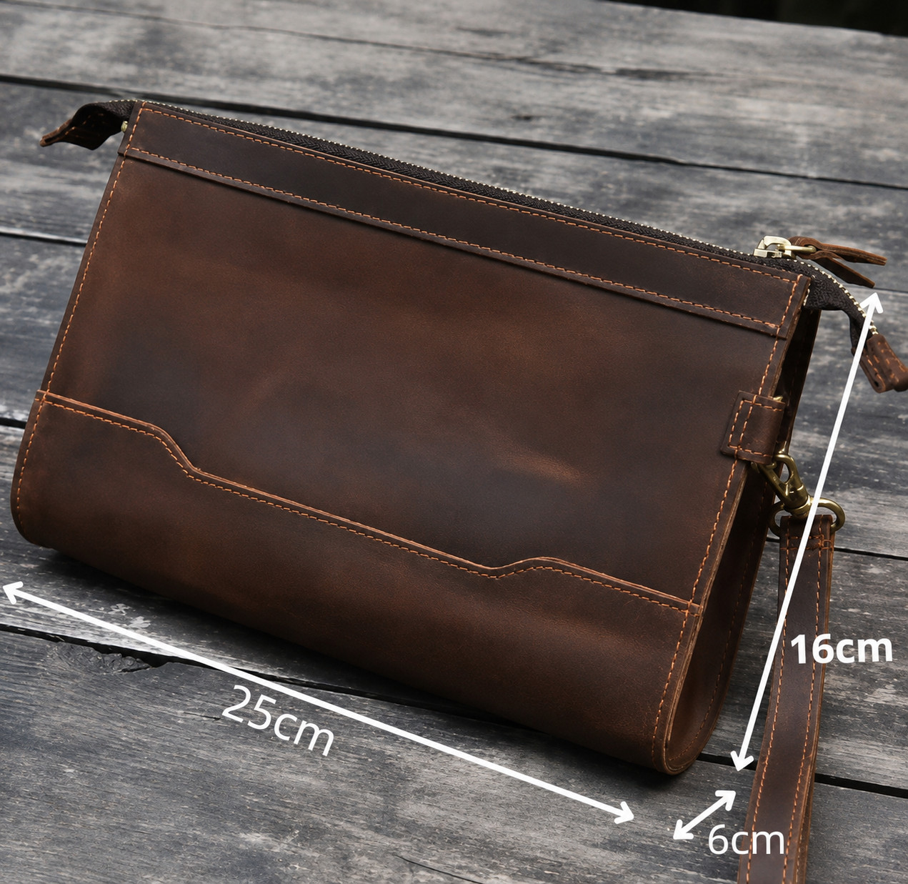Genuine leather clutch with zipper and card slots