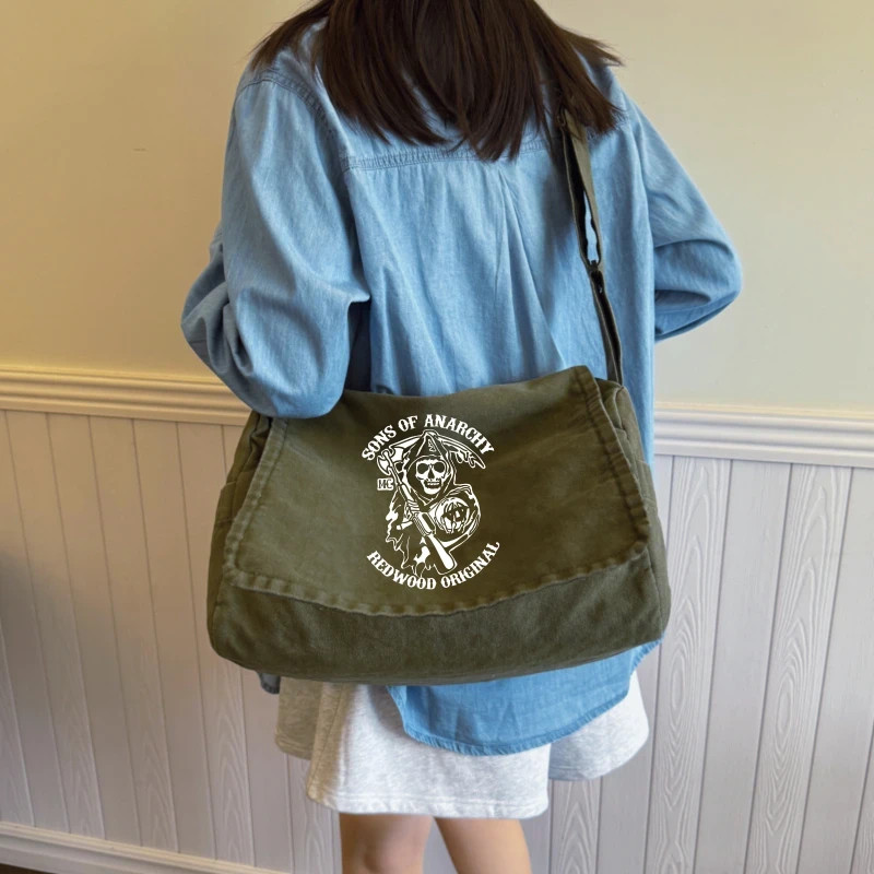 Men’s Canvas Crossbody Shoulder Bag Skull Print Army Green Laptop Messenger Bag