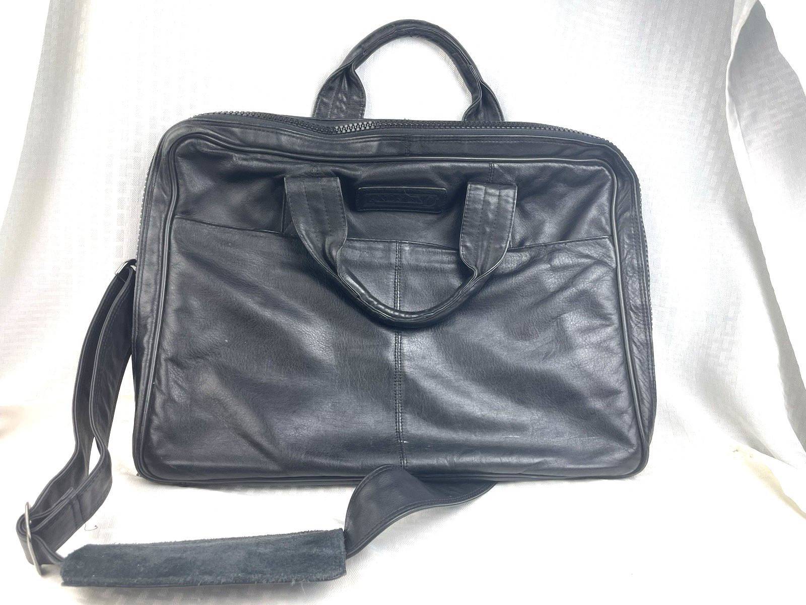 Land’s End Messenger Bag Briefcase Black Leather Top Handle & Shoulder w/ Lg YKK