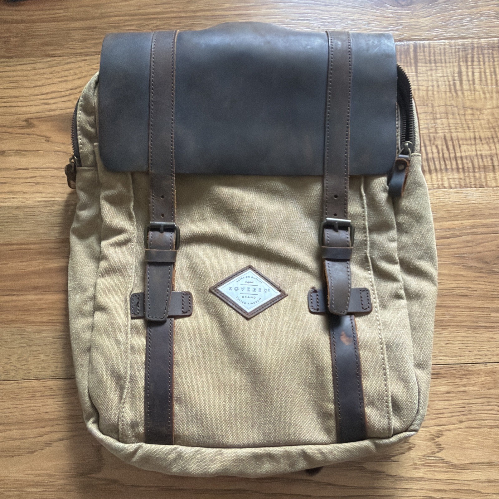 Kovered Tamar 14L Brown Leather Gray Canvas Backpack Laptop Reclaimed Bag Travel
