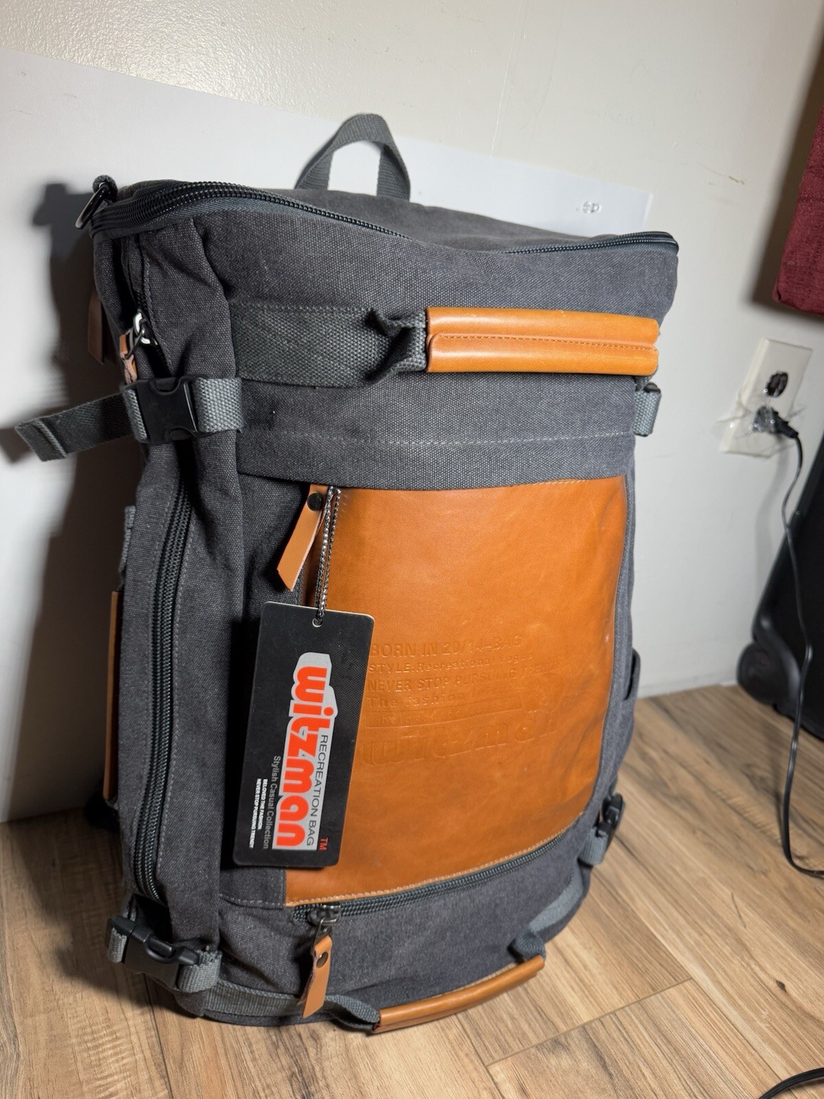 NEW WITZMAN Men Travel Backpack Charcoal Canvas Rucksack Computer Duffel Bag