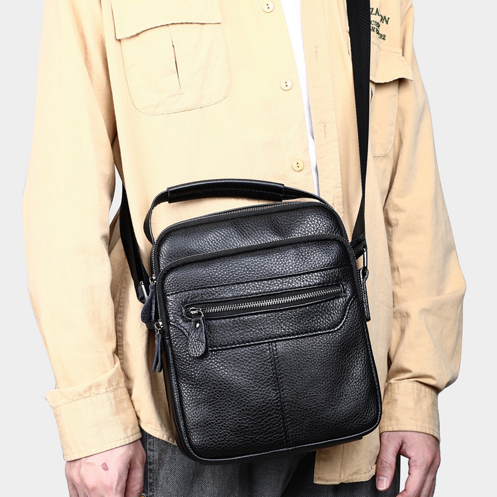 Men’s Genuine Leather Shoulder Bag Crossbody Messenger with Pockets Black