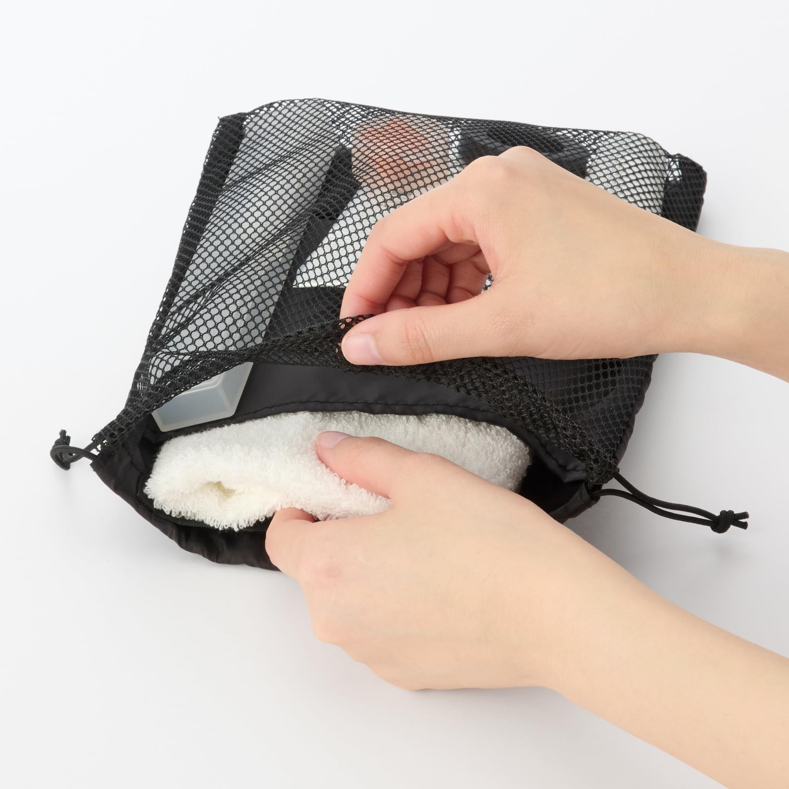 Polyester mesh drawstring bag, double type, black, S, approx. 20 x 25 x 10 cm, 8