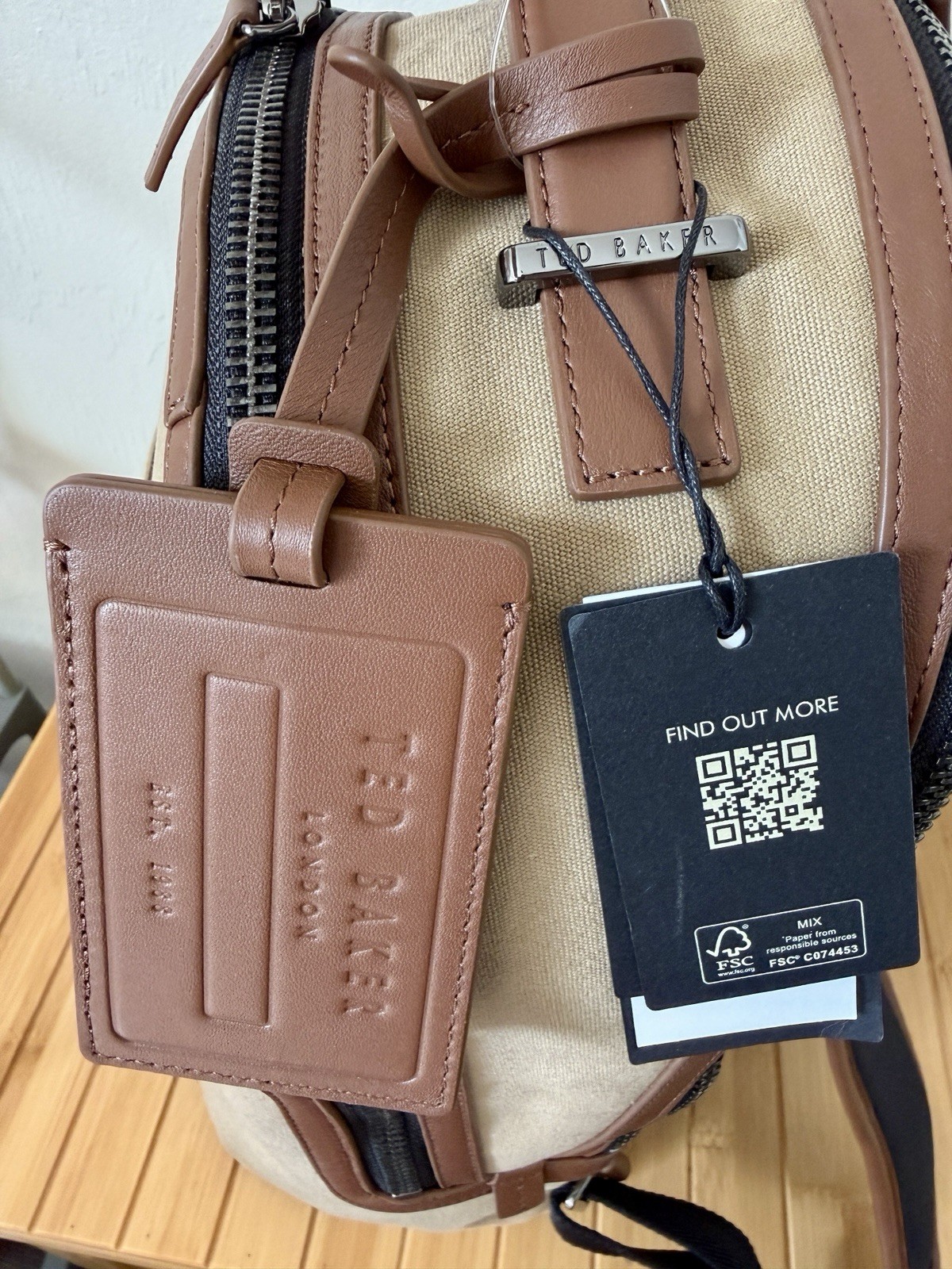 New Ted Baker Men’s Xaden Nylon & Leather Trim Double Zipper Backpack NWT Khaki