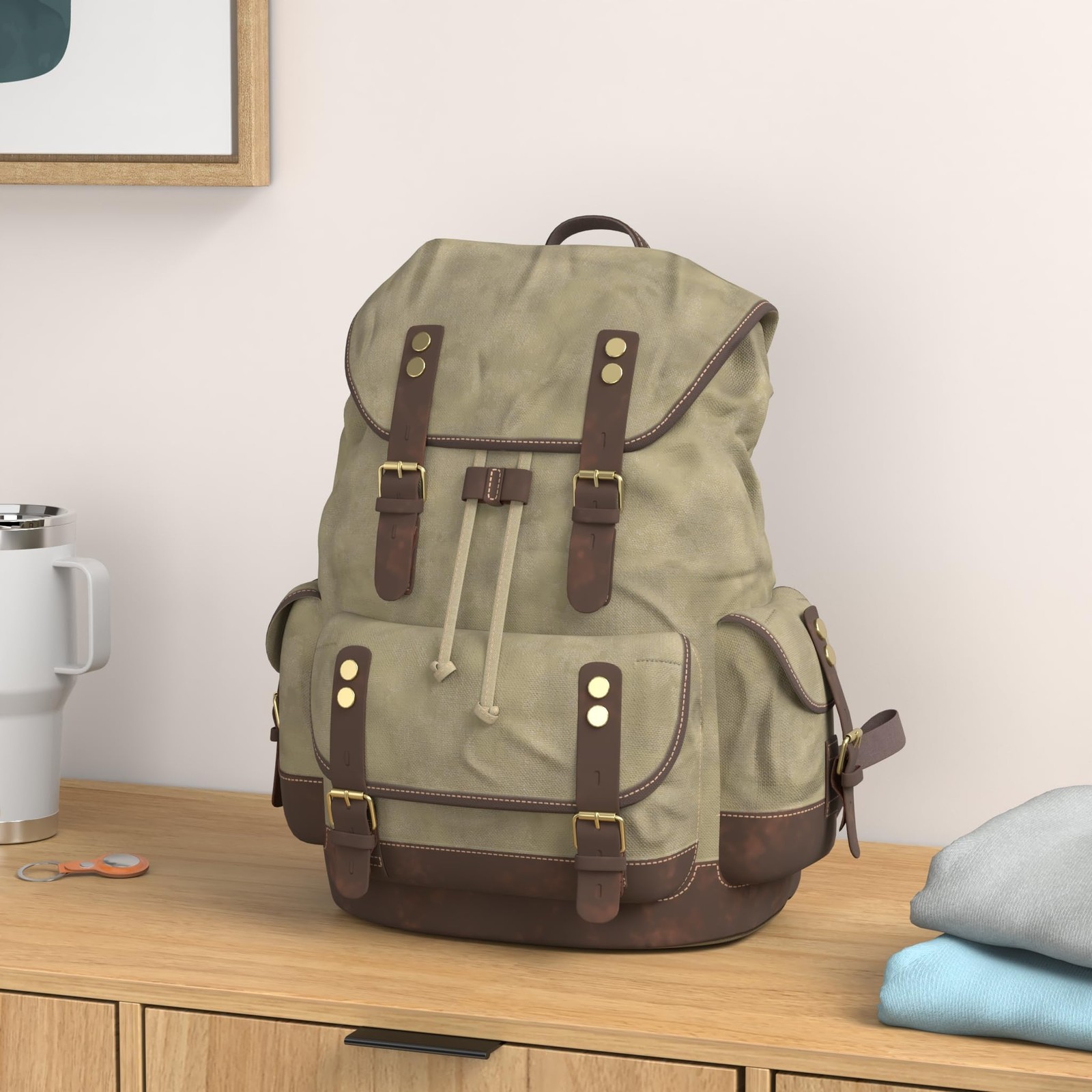Men Travel Backpack, Genuine Leather-Waxed Canvas Shoulder Hiking Rucksack (G…