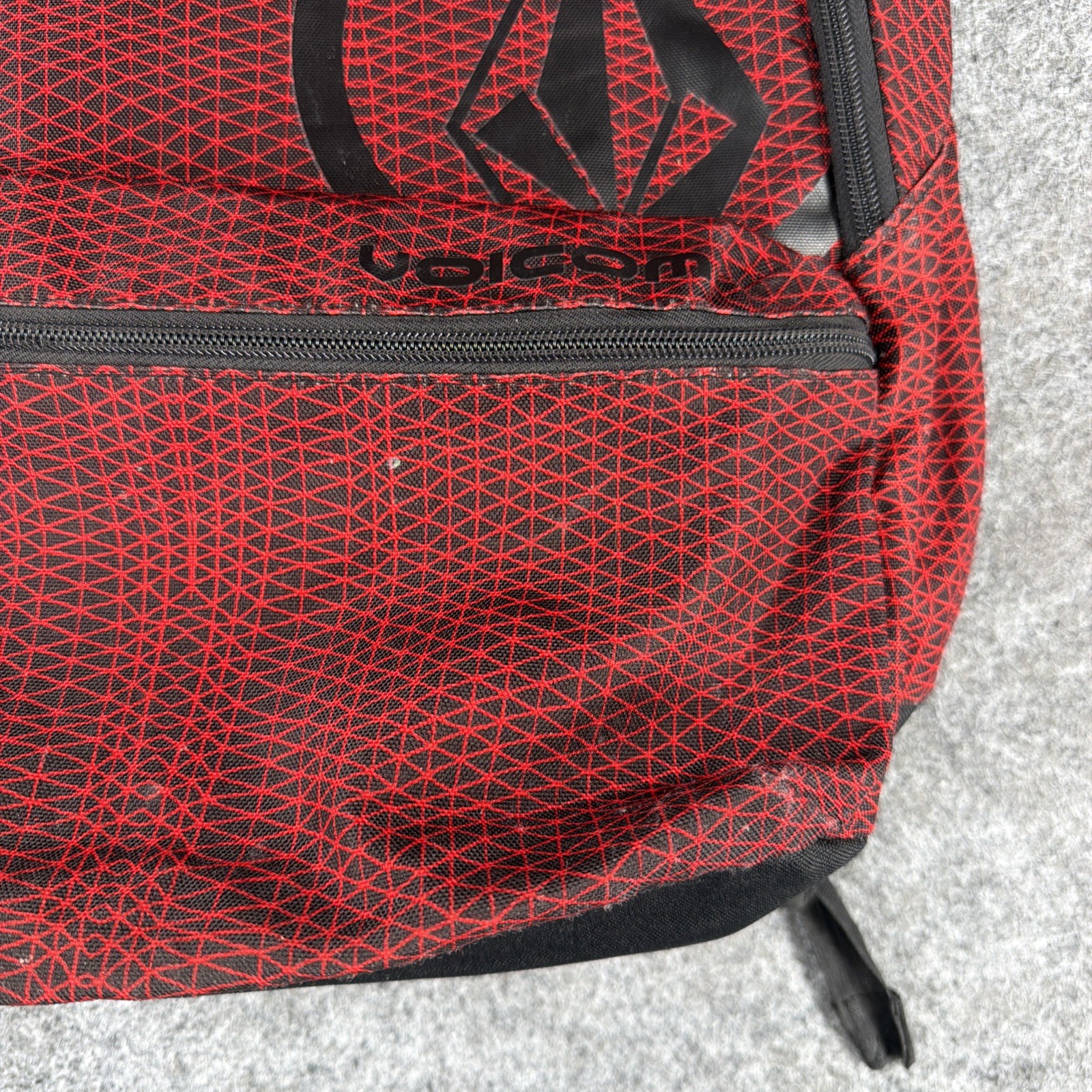 VOLCOM Stone Logo Backpack Red Black Geometric Crosshatch Grid Skate School Bag