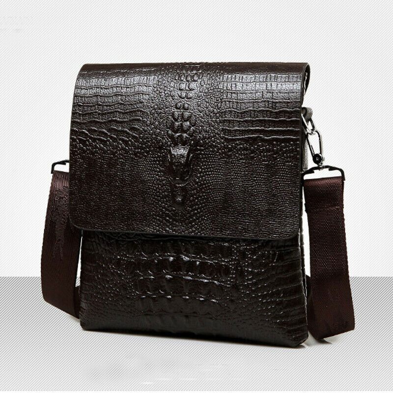 Men Leather Black Crocodile Sling Shoulder Bag Crossbody Bag 10″ Messenger Bag B