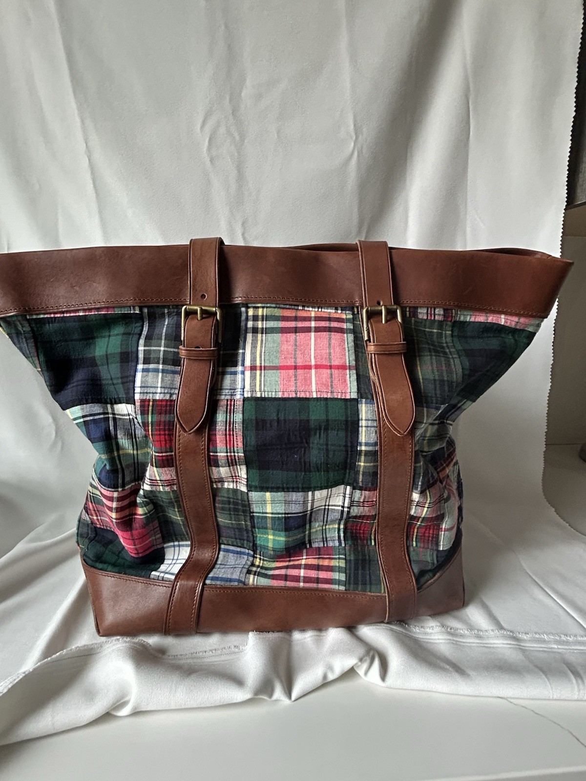 Ralph Lauren Plaid Fabric And Brown Leather Tote Bag New With Tag