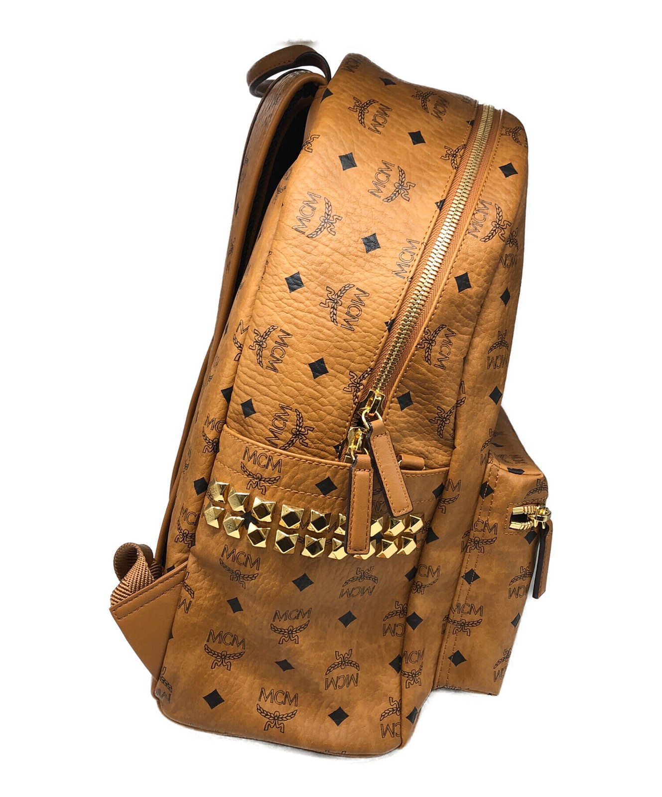 MCM Stark Visetos Brown Monogram Studded Leather Backpack Men Gold Tone 41cm