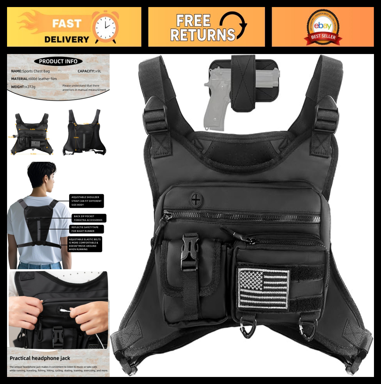 Lightweight Water-Resistant Outdoor Sports Chest Bag, Tactical Running Vest Pack