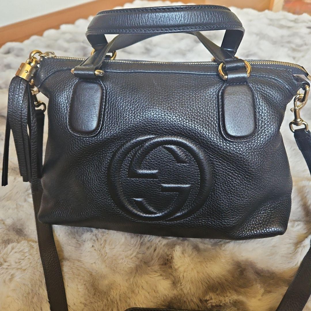 Gucci Leather Interlocking G Soho Tassel Shoulder Bag 32cm Black Made in Italy