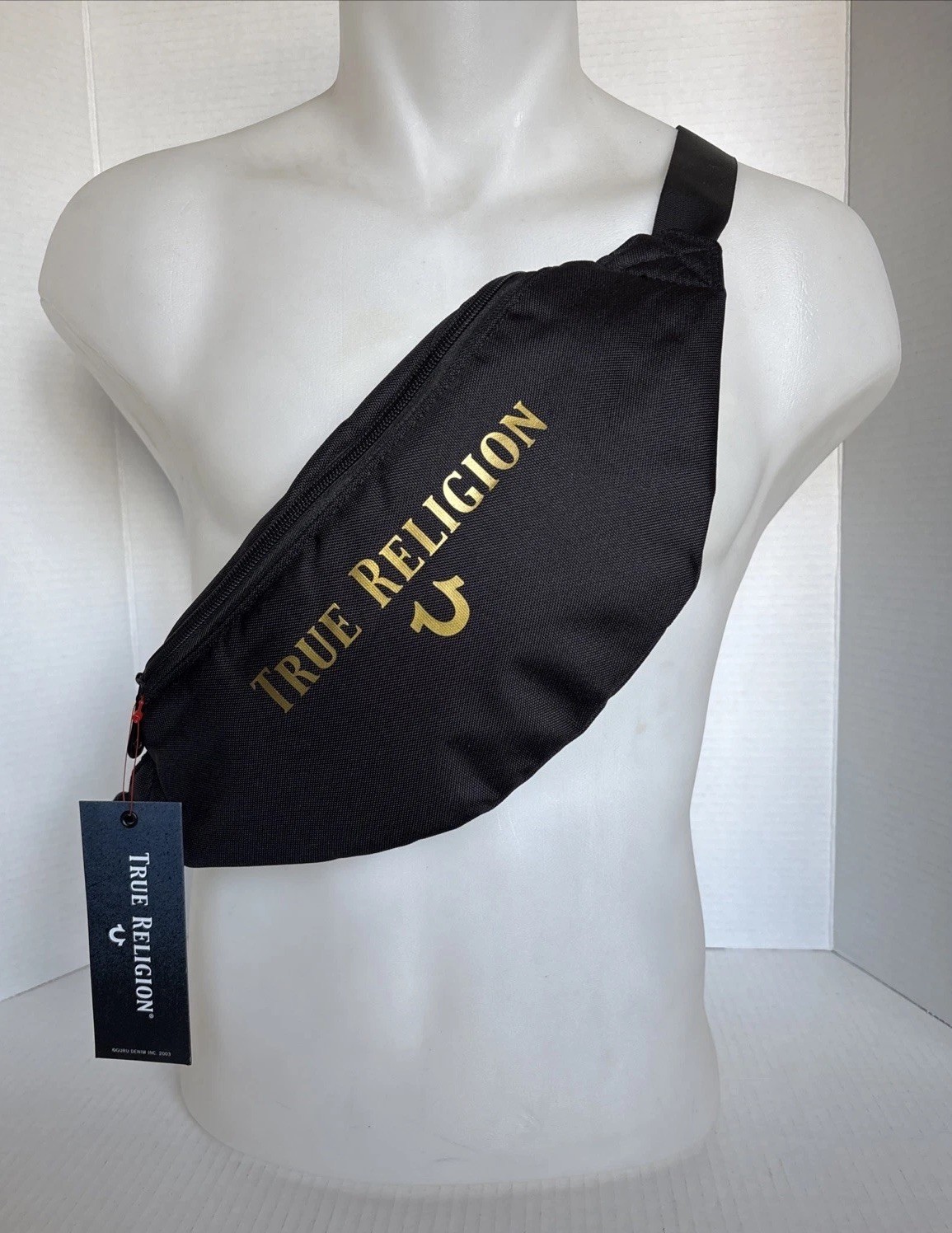 TRUE RELIGION-Fanny Pack Adjustable Zippered Black + Gold Unisex NEW w/Tags!