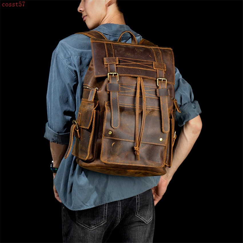 Vintage Handmade Leather Backpack Travel Bag Drawstring Multi Pocket Hiking Bag