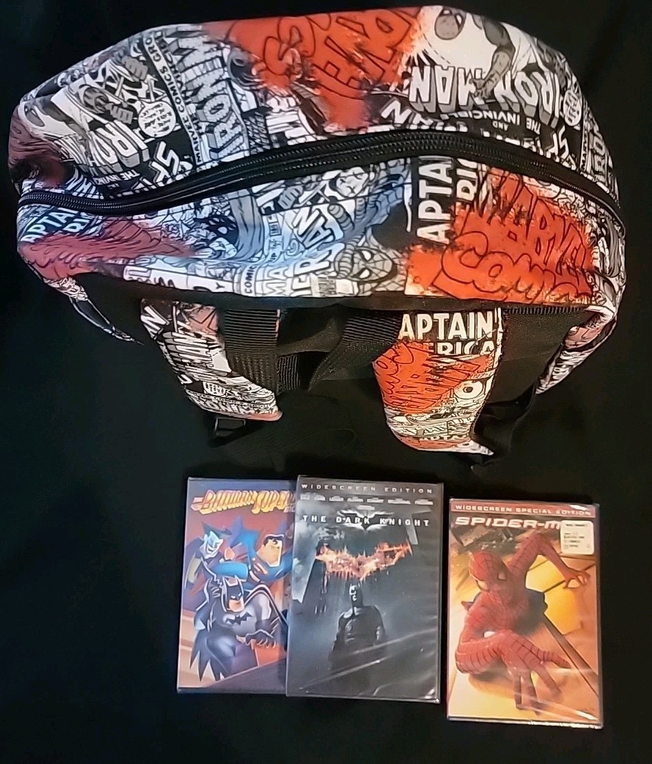MARVEL COMIC BOOK BLACK WHITE COVER BACKPACK Plu 3 Sealed DVD Spiderman, BATMAN