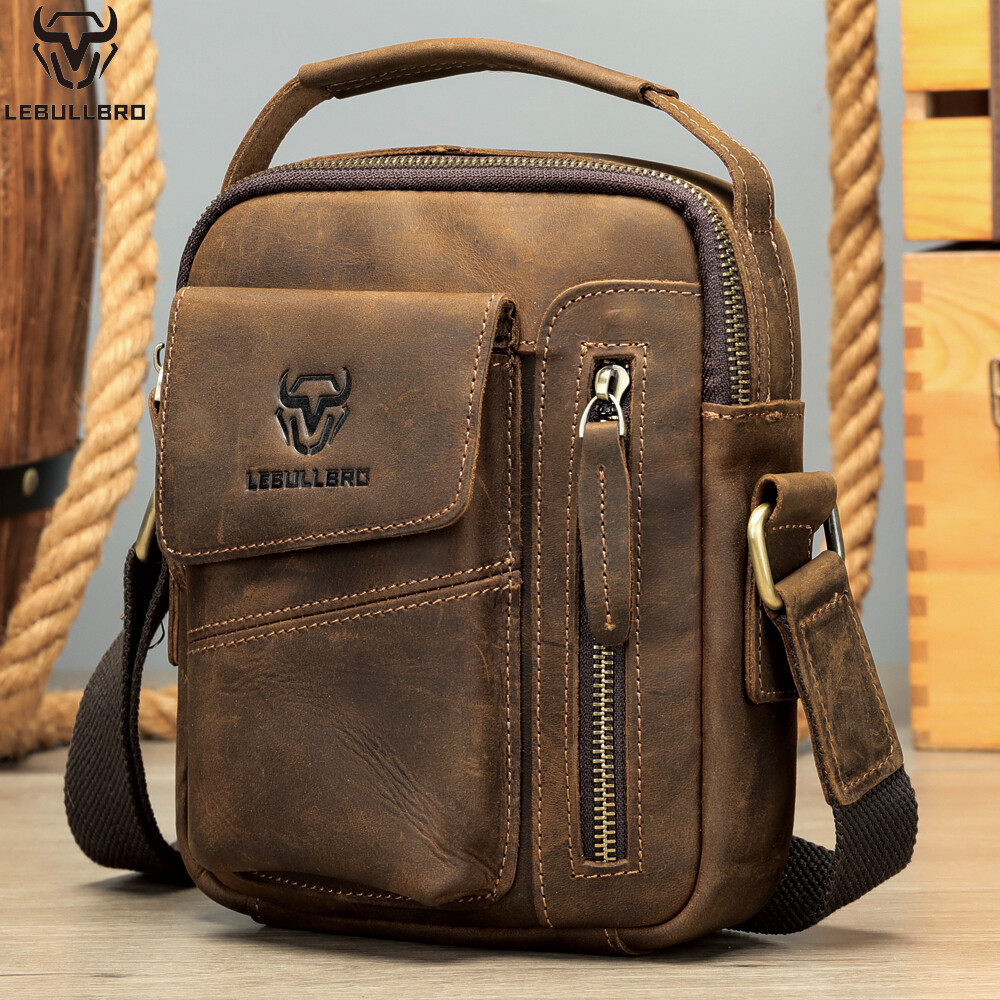 Men’s Sling Shoulder Messenger Bag Crazy Horse Genuine Leather Zipper Handbag