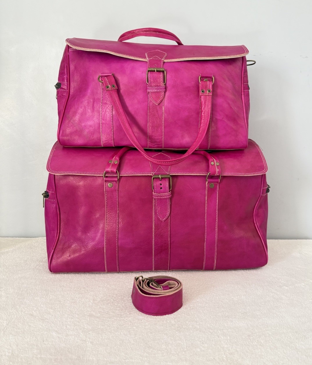 Set of 2 Genuine Leather Travel Bags Fuchsia Pink Handmade Morocco