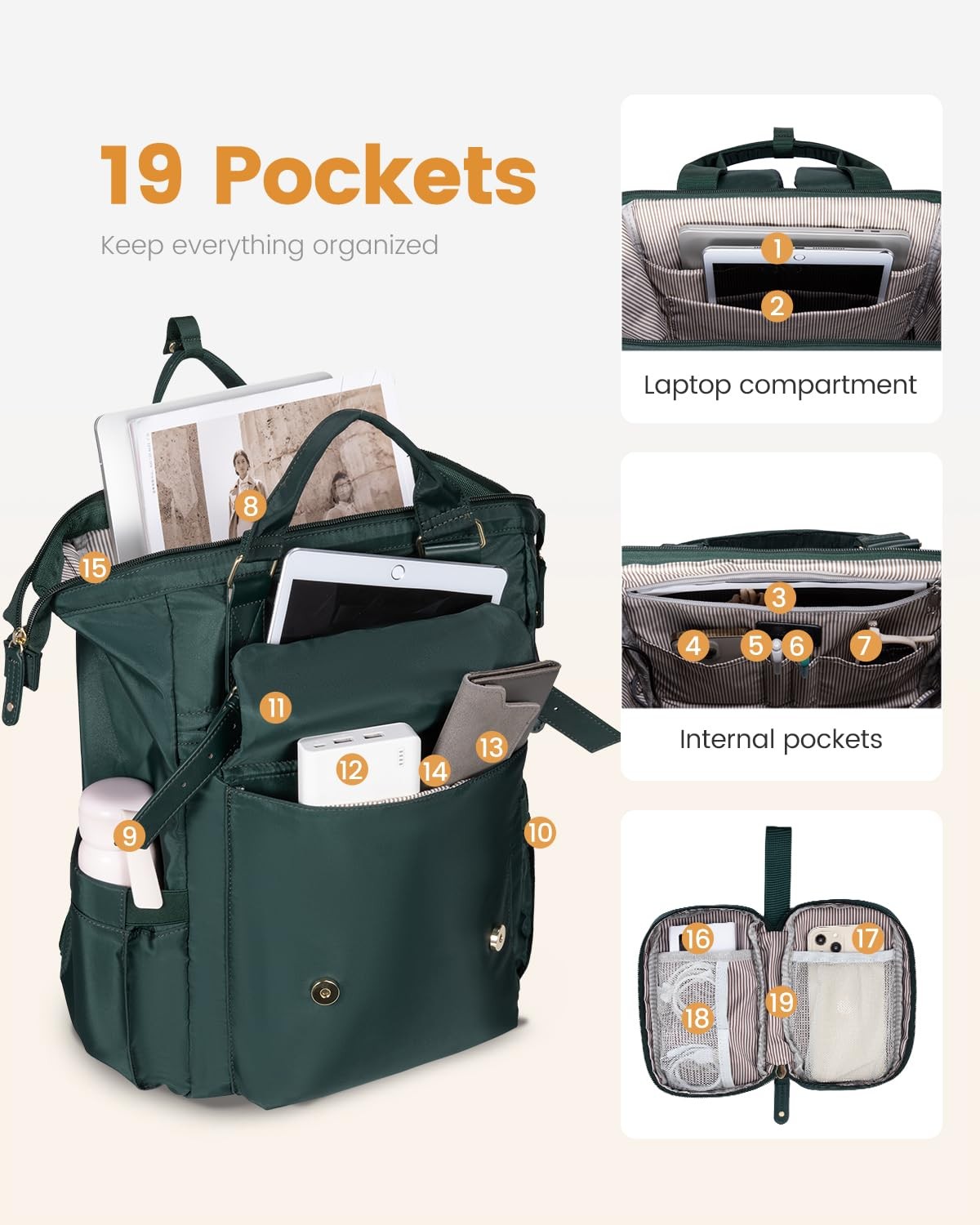 LOVEVOOK 17 Inch Laptop Backpack for Women Work Travel, Dark Green