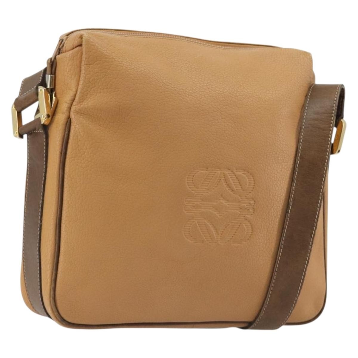 LOEWE Anagram Shoulder Bag Leather Beige Gold Auth 191290