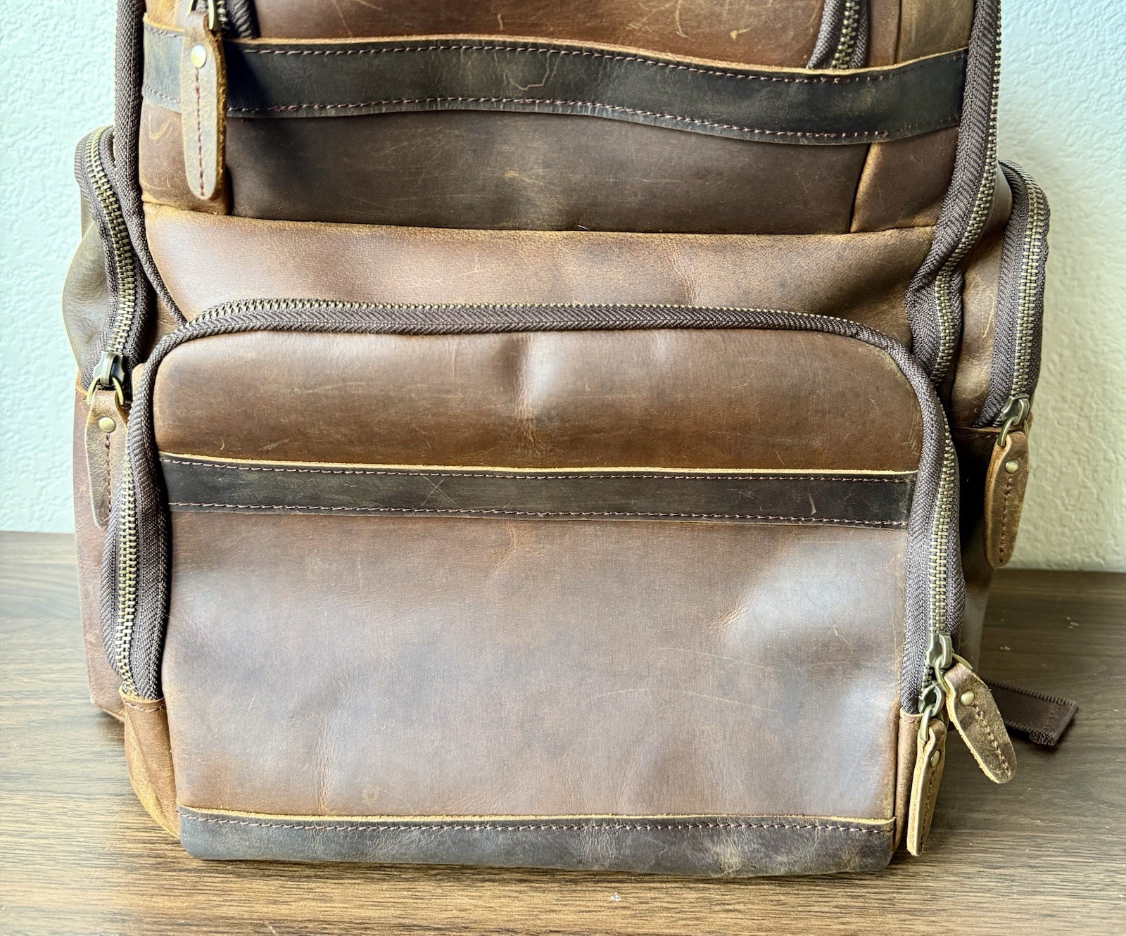 Tiding Leather Two Tone Leather Backpack Brown With Charging Laptop Bag