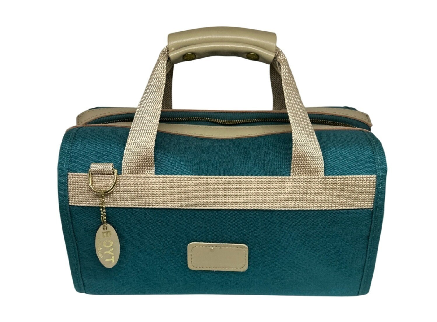 VTG BOYT Canvas Leather Duffle Bag Teal Tan Weekender Travel Tote USA Made Retro