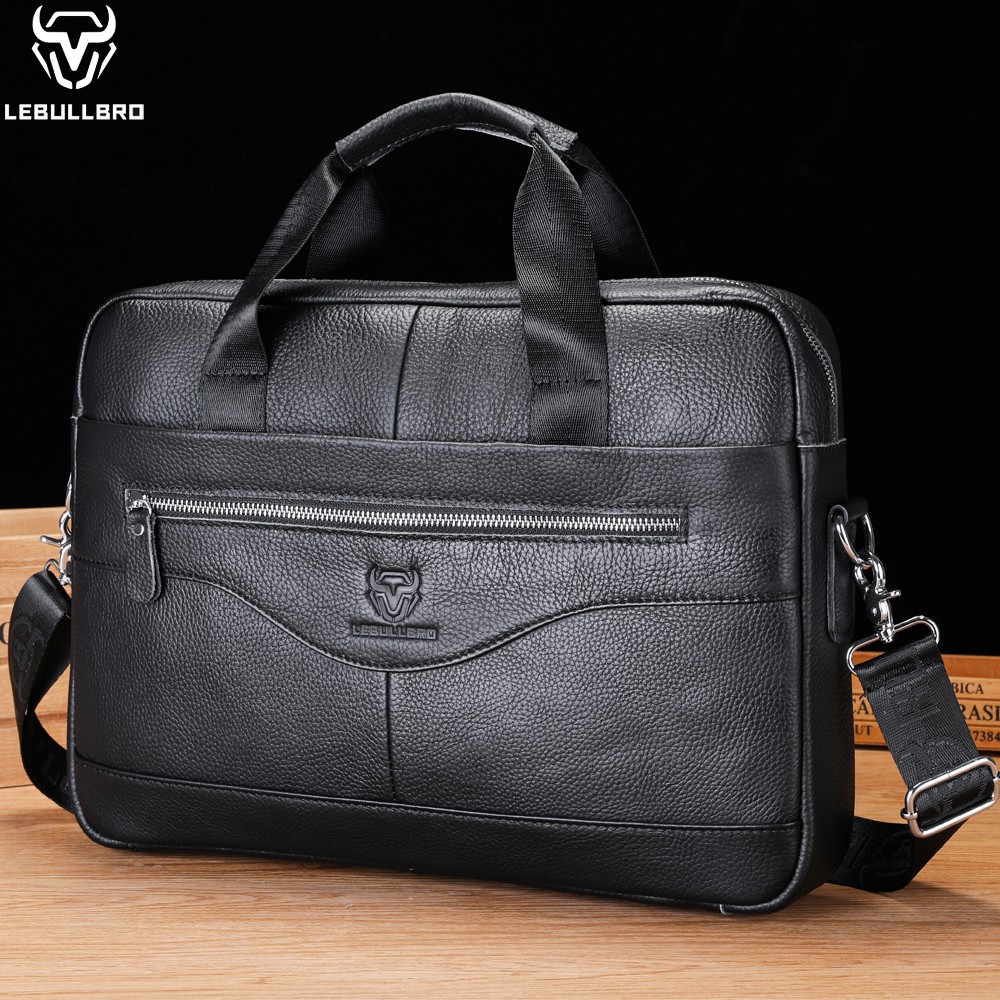 LEBULLBRO Men’s Leather Messenger Briefcase with Detachable Shoulder Strap