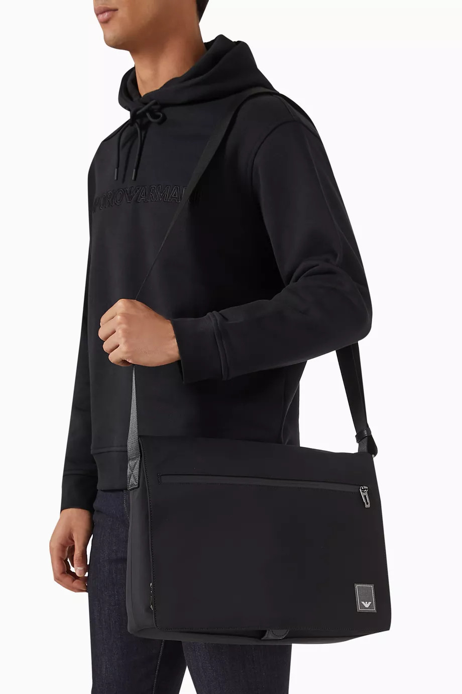 Emporio Armani Logo Messenger Bag in Nylon in Black