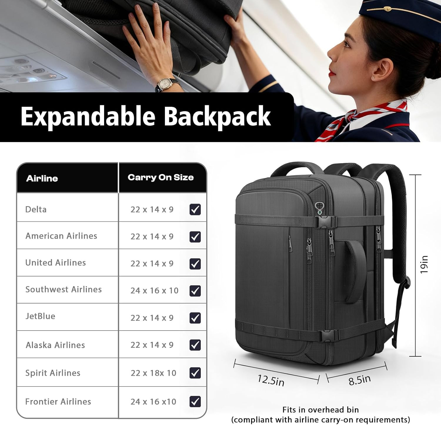 60L Expandable Travel Backpack Carry On Airline Fits 17.3 Laptop Water Resist