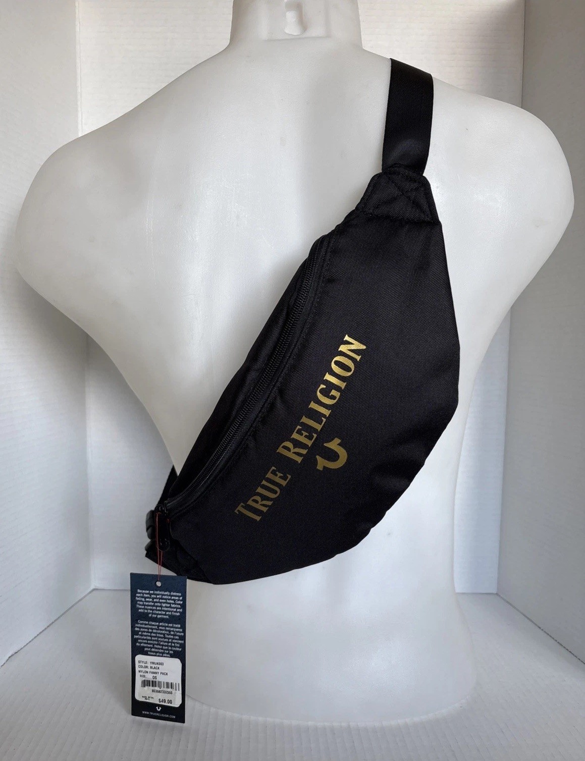 TRUE RELIGION-Fanny Pack Adjustable Zippered Black + Gold Unisex NEW w/Tags!