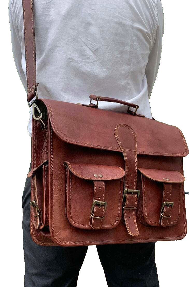 18″ Men Brown Leather Laptop Briefcase Shoulder Messenger Crossbody Backpack Bag