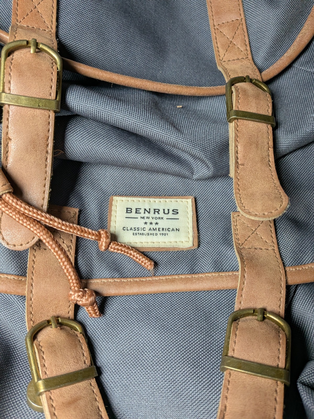Vintage BENRUS Heritage Scout Drawstring Backpack Grey/Brown Faux Leather Trim