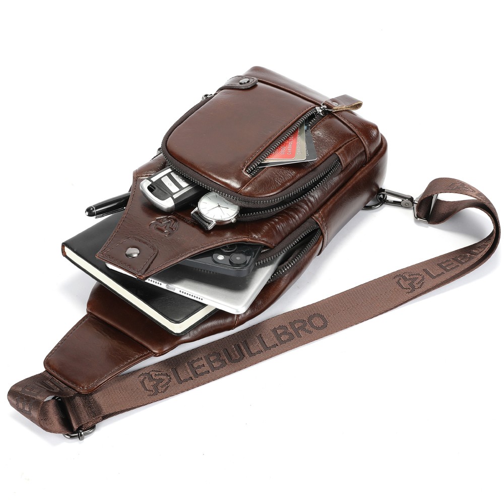 Men’s Genuine Leather Sling Bag Multi-Pocket Crossbody Chest Bag for Work Travel