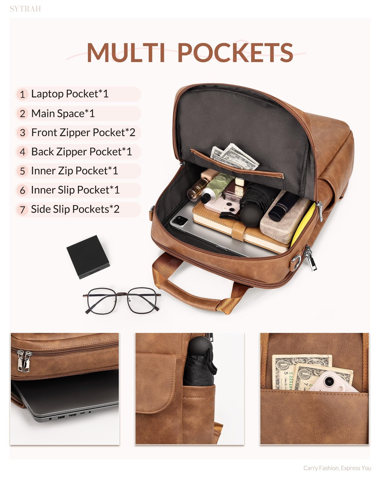 Leather Laptop Backpack 15.6 Inch Womens Laptop Bag, 3 IN 1 Computer Bag Hand…