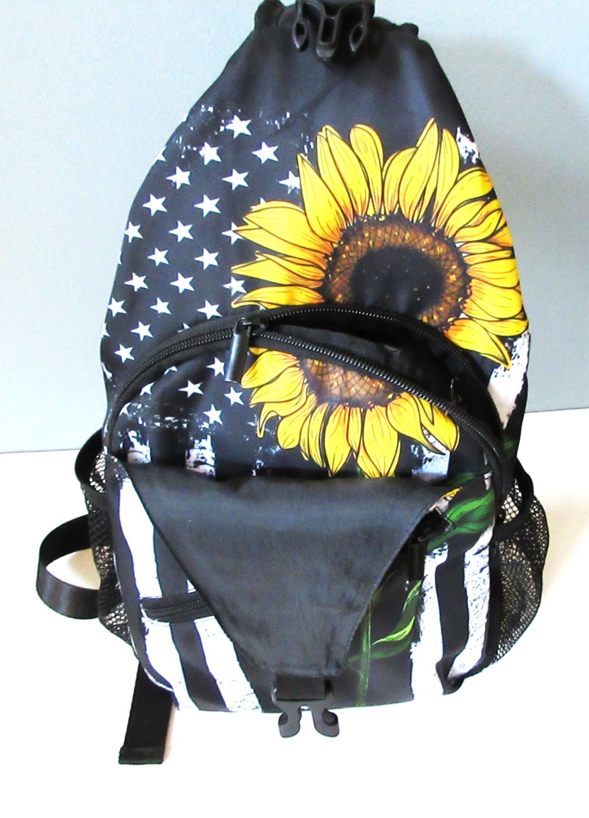 Sling Bag Crossbody Shoulder Backpack Adjustable Lightweight Am. Flag Sun Flower