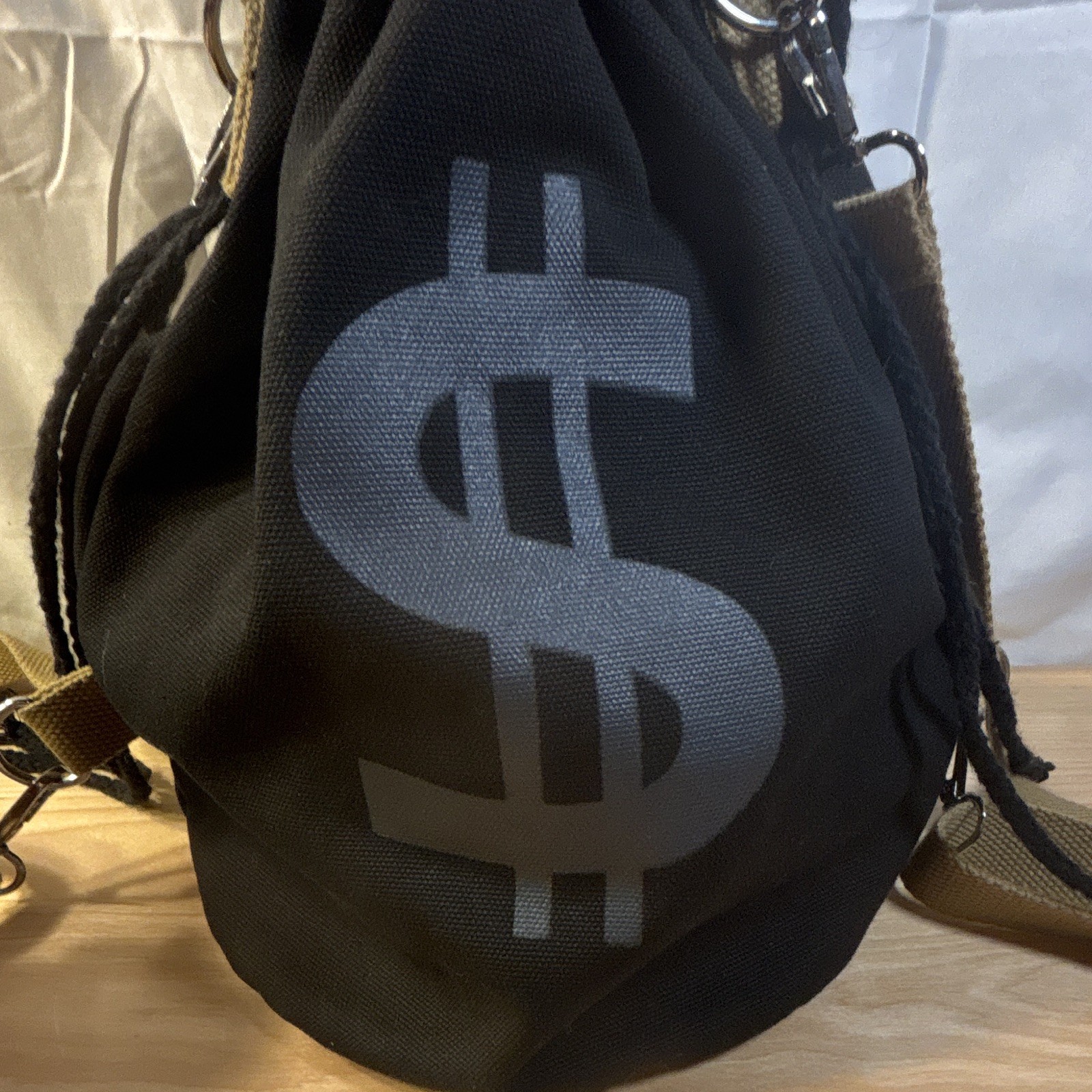 Men’s Black Drawstring Quality Canvas Bag Small Adjustable Strap Dollar Sign