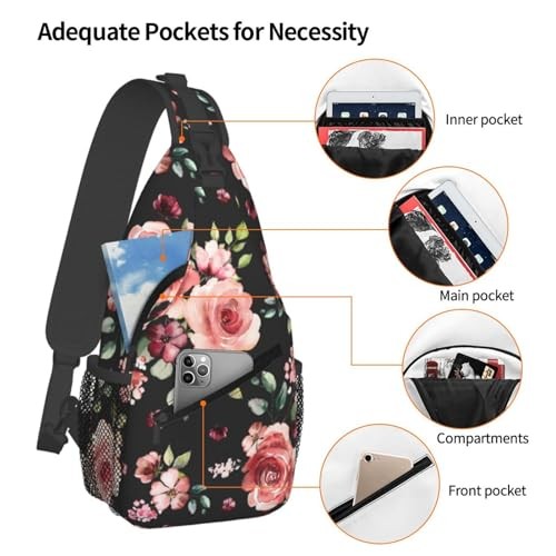 Floral Pattern Crossbody Sling Bag for Women Men Watercolor Blossom Pink Black