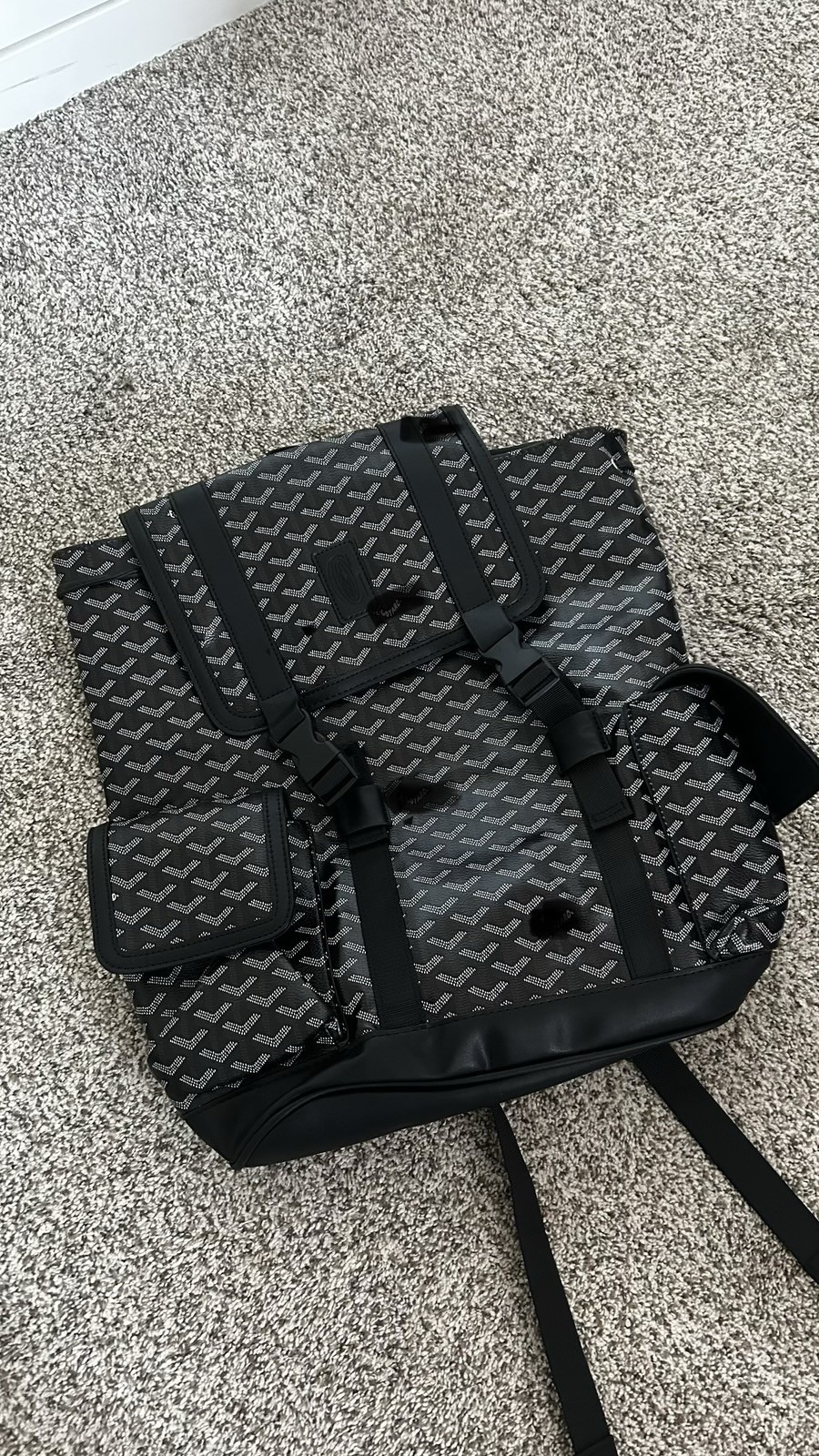 Black/Gray Geometric Backpack Buckle Closure Front Pocket Adjustable Strap