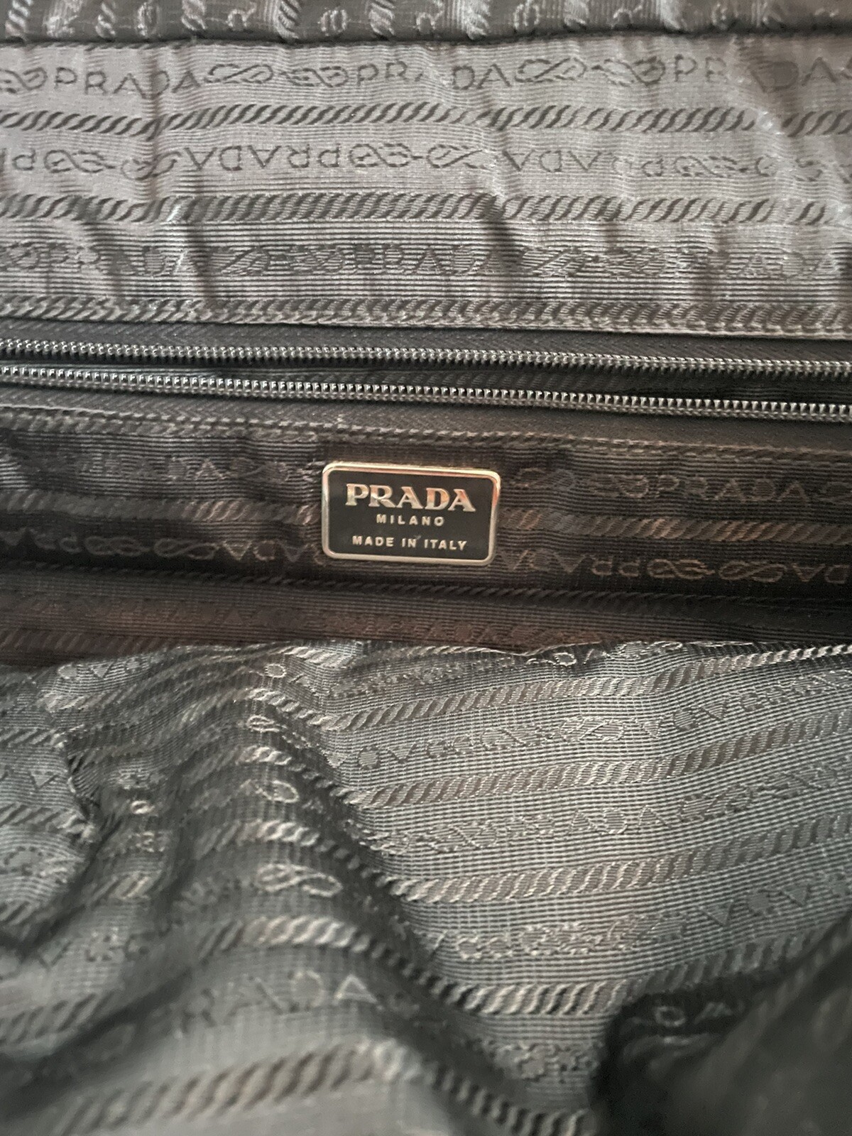 Prada Mens Single Handle Double Logo Clasp Large Briefcase Black Leather Nylon