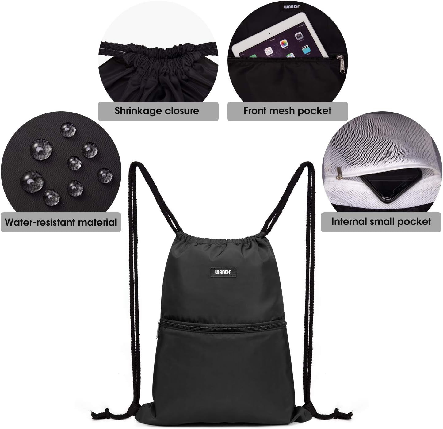 WANDF Drawstring Backpack String Bag Sackpack Cinch Water Resistant Nylon for Gy