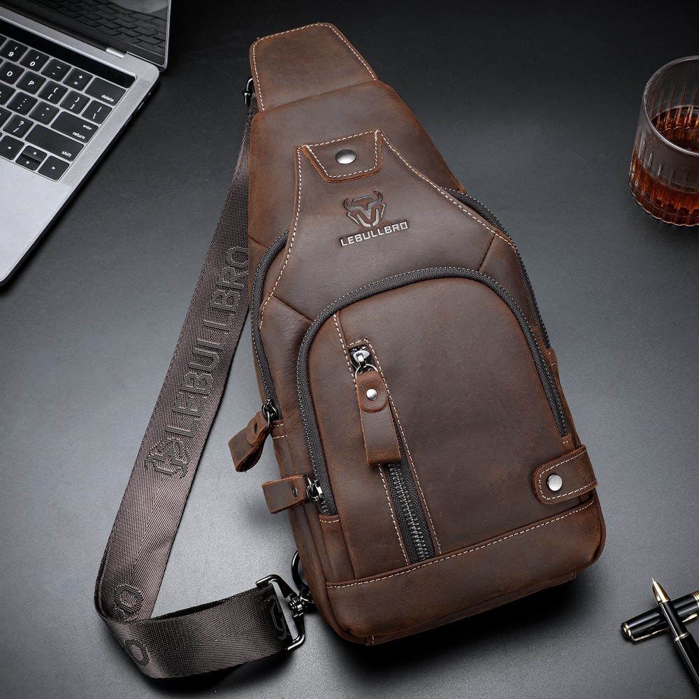 Men’s Genuine Leather Sling Bag Multi-Pocket Crossbody Chest Bag for Work Travel