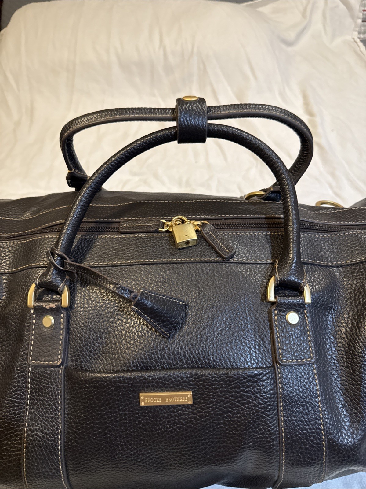 Brooks Brothers Brown Pebble Leather Duffel Bag Weekender Travel Carry On Strap