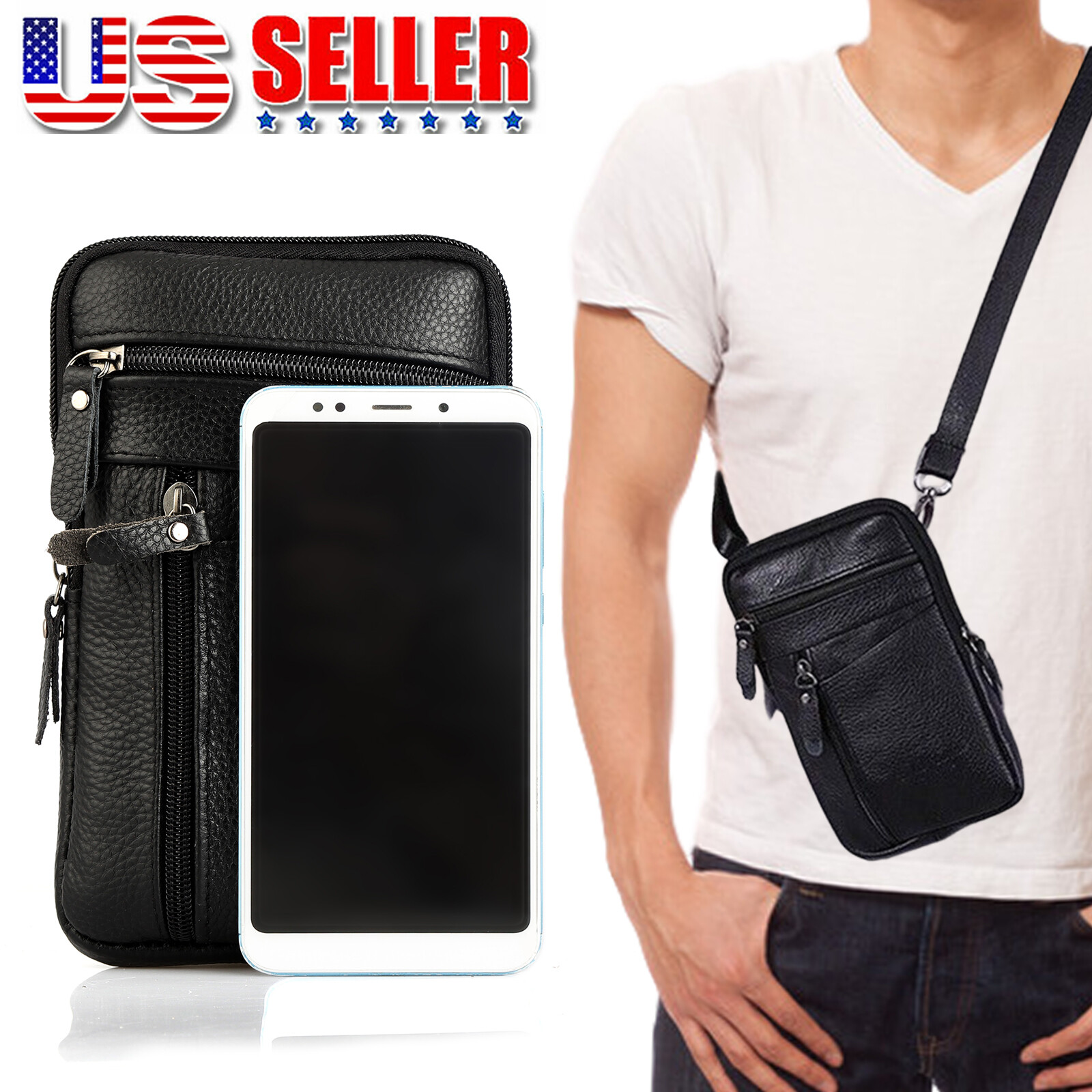 Men Leather Cell Phone Belt Bag Waist Bag Shoulder Pouch Crossbody Purse Black