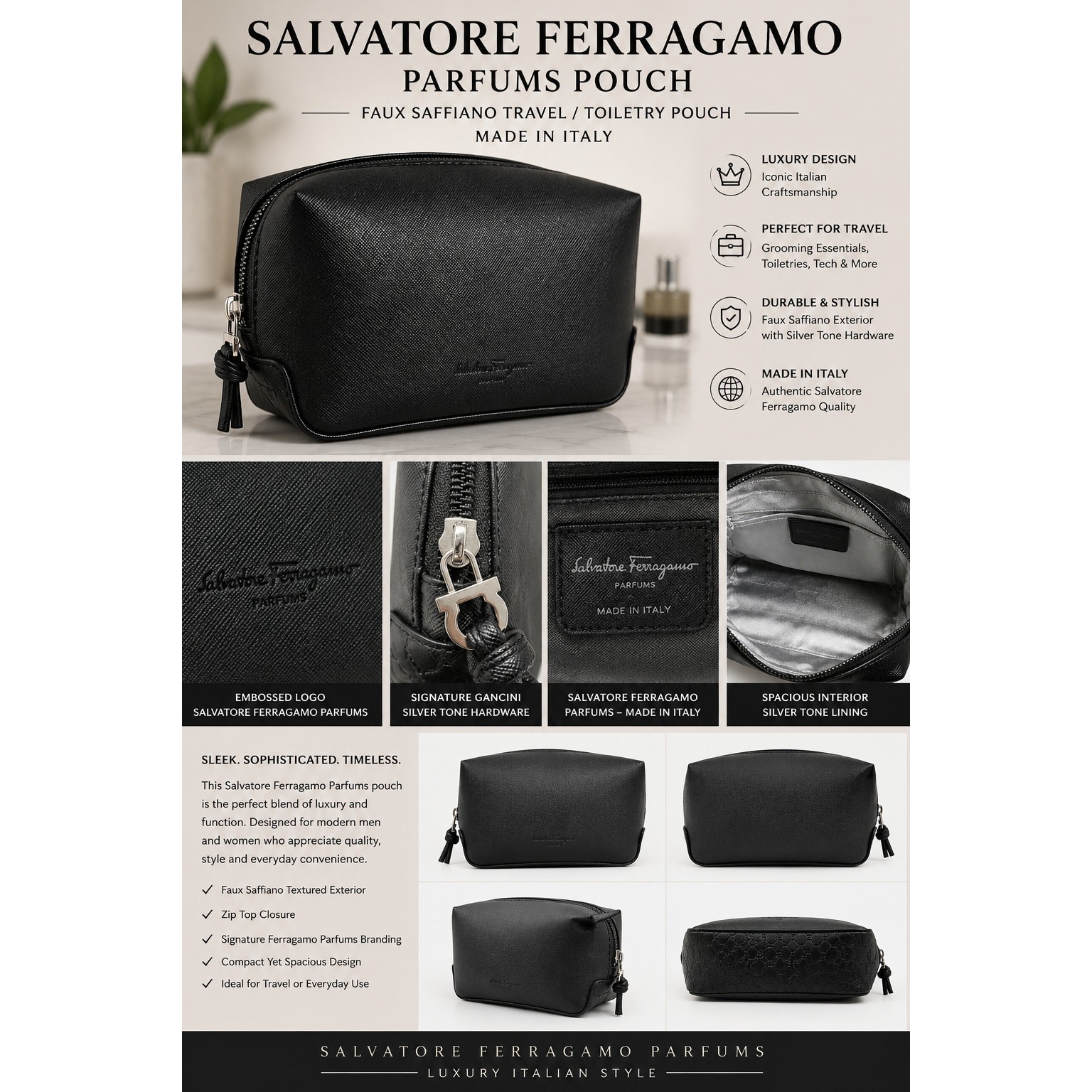 Salvatore Ferragamo Parfums Black Faux Saffiano Travel Toiletry Pouch