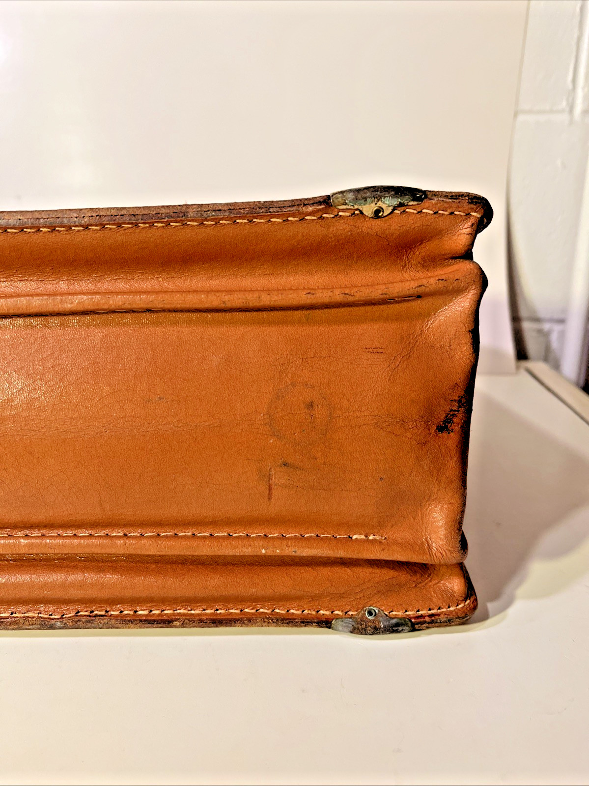 Vtg Genuine Leather Briefcase Cognac Deep Buffed Cowhide Legal Document Case